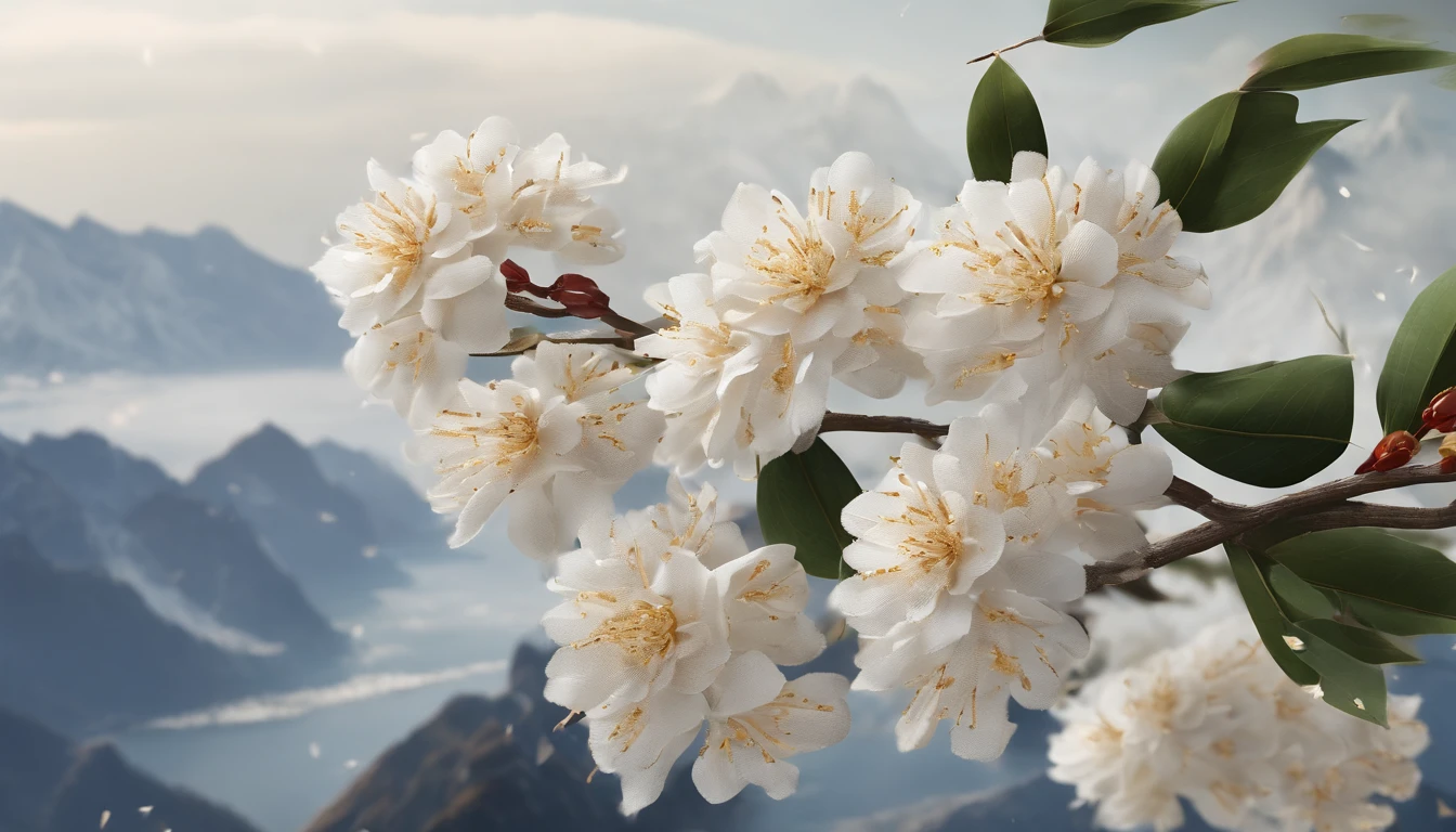 Laurel branches，Shot at a 15-degree elevation angle for medium and close ranges，petals，Osmanthus flowers flying，Top daylight，Refreshing style，Snowy mountains in the distance，Ultra-clear image quality