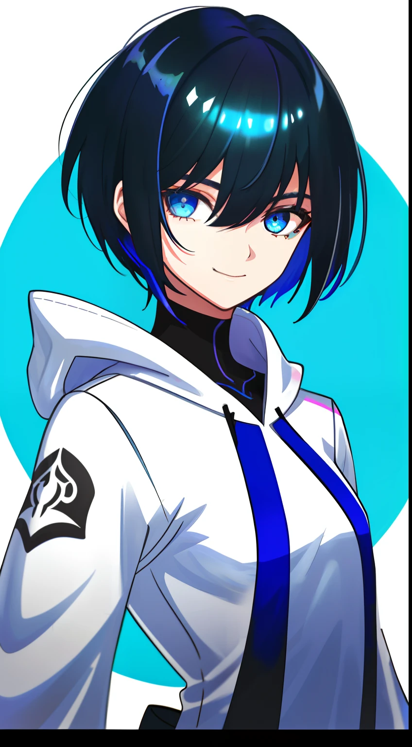 Colorful, High quality, sharp, autofocus, Looking at Viewer, 1girl in, Cool, Handsome, Blue eyes, Evil smile, (Blue and black mesh hair), short-cut, a pixie cut, hair over eyes, hair between eye, Wearing a white hoodie, Upper body, ((with a pure white background)), Cinematic, Particle Light, Best Shadow, Ray Tracking, Extremely detailed、((neuter)), (small tits), masterpiece, I don't know if it's a man or a woman