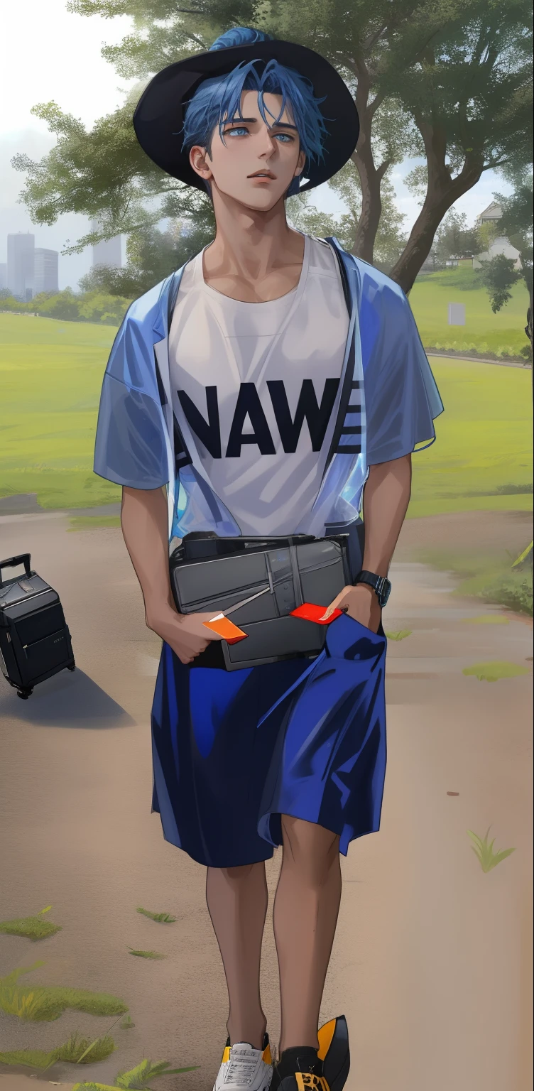 A 20-year-old boy with blue hair, blue eyes, updo, black trench coat, sadly carrying a suitcase out of the city