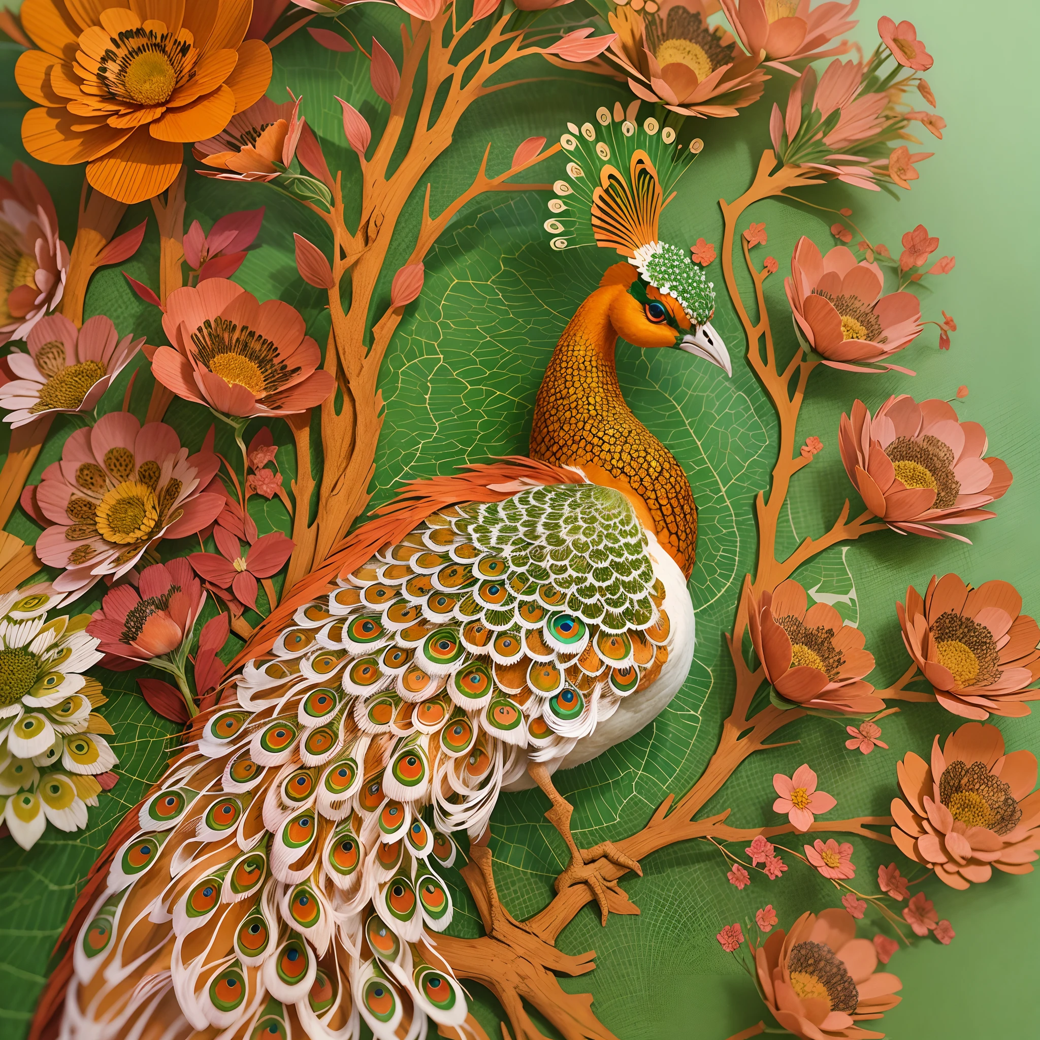 Paper Cuttings style:Orange-red peacock,There are flowers on the branches, beautiful and graceful, Beautiful and elegant, Detailed beautiful tail,