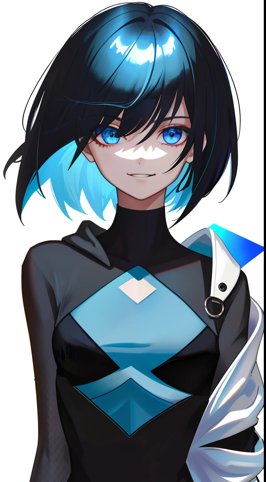 Colorful, High quality, sharp, autofocus, Looking at Viewer, 1girl in, Cool, Handsome, Blue eyes, Evil smile, Blue and black mesh hair, short-cut, a pixie cut, hair over eyes, hair between eye, Wearing a white hoodie over a black t-shirt, Upper body, ((with a pure white background)), Cinematic, Particle Light, Best Shadow, Ray Tracking, Extremely detailed、neuter, small breasts, masterpiece, male