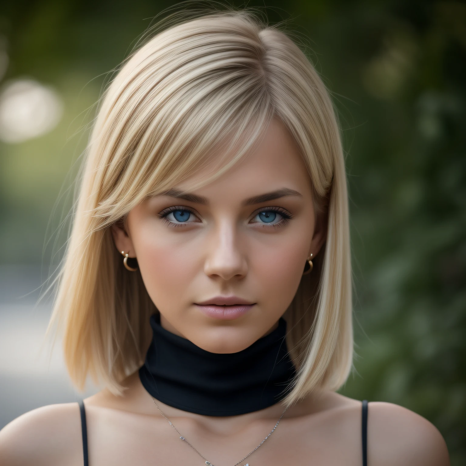 Slender, young, short blonde hair, blue eyes, in town, natural skin texture, 24mm, 4K textures, soft cinematic light, RAW photography, photorealistic, photorealistic, complex, elegant, highly detailed, sharp focus, (((cinematic look))), calm Tone, Insane Detail, Complex Detail, Ultra Detail, High Contrast, Soft Cinematic Light, Dim Colors, Exposure Blending, HDR, Faded, Cold, Waist Thin, Well-Proportioned, (8k, 4k, Top Quality, Hi-Res: 1.1), (Realistic, Photorealistic: 1.1), Girl 1 People, Solo, Face, Twin Tails, Blonde Hair, Bangs, Long Hair, Necklace, Earrings, Lips, Eye Shadow, Jewelry, (Viewer Looking For: 1.8), Spaghetti Straps, Detail, High Contrast, from_side, srfc, stunning complex full color portrait, wearing black turtleneck, spectacular character composition, by Ilya Kubushinov, Alessio Albi, Nina Masic, sharp focus, natural light, sub-surface scatter, f2, 35mm, film grain