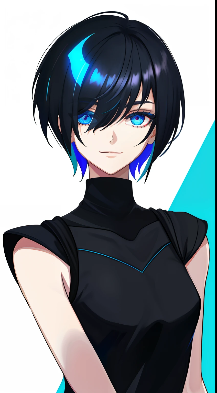Colorful, High quality, sharp, autofocus, Looking at Viewer, 1girl in, Cool, Handsome, Blue eyes, Evil smile, Blue and black mesh hair, short-cut, a pixie cut, hair over eyes, hair between eye, Wearing a white hoodie over a black t-shirt, Upper body, ((with a pure white background)), Cinematic, Particle Light, Best Shadow, Ray Tracking, Extremely detailed、neuter, small breasts, masterpiece, male