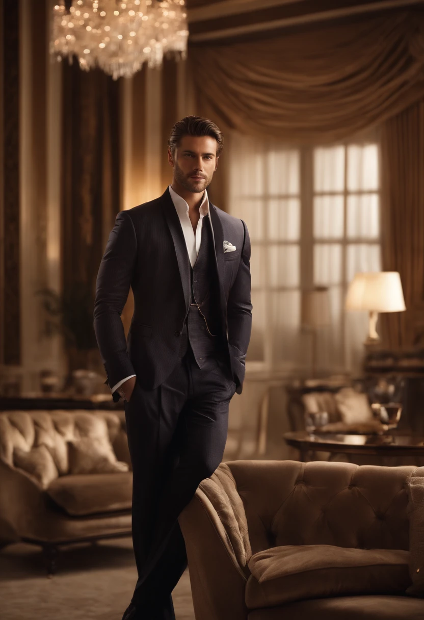 personage, standing with his arm crossed, Dark hair (Neck-length hair tied in a ponytail), BEAUTIFUL POSE, handsome male, full - body, Shot Full Body, legs crossed, Shiny shoes, pretty face, side pose, Royal Elegant Pose, Businessman, (in a striped jacket), (The surroundings are a luxurious and classic living room) (Sand tone image)