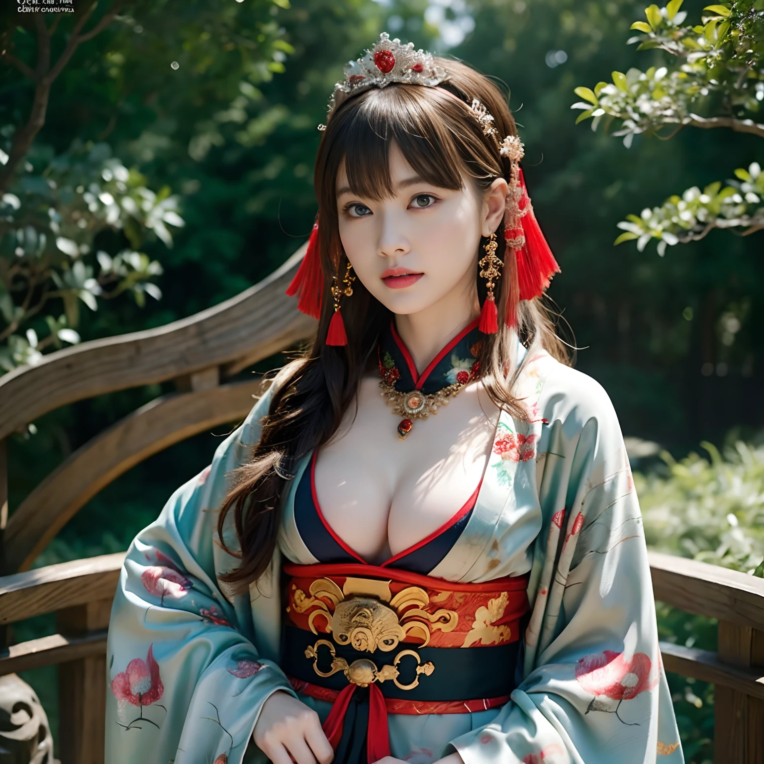 (Fight fiercely with dragons)、top-quality、masterpiece、超A high resolution、(Wearing a colorful Japan kimono)、Kimono with beautiful pattern、(Wearing a beautiful crown made of jewels),(Photorealsitic:1.4)、Raw photo、1人、Japan big castle background、glowy skin、(((Chinese Dragon)))、(Gorgeous Jewelry Necklaces)、(Mystical expression)、(Fight big dragons)、Kimono with beautiful pattern of Japan、(Metal bodysuit)、(beautiful forest background)、Precipitous cliffs、(Small LED)、((super realistic details))、portlate、globalillumination、Shadow、octan render、(There is also a shrine in the background)、8K、ultrasharp、Colossal tits、Raw skin is exposed in cleavage、metals、Details of complex ornaments、Japan details、highly intricate detail、Realistic light、CGSoation Trends、Blue eyes、radiant eyes、Facing the camera、neon details)、Gundam、Small LED、,Mechanical thighs、Toostock、(Full Body Angle)、(veils)、