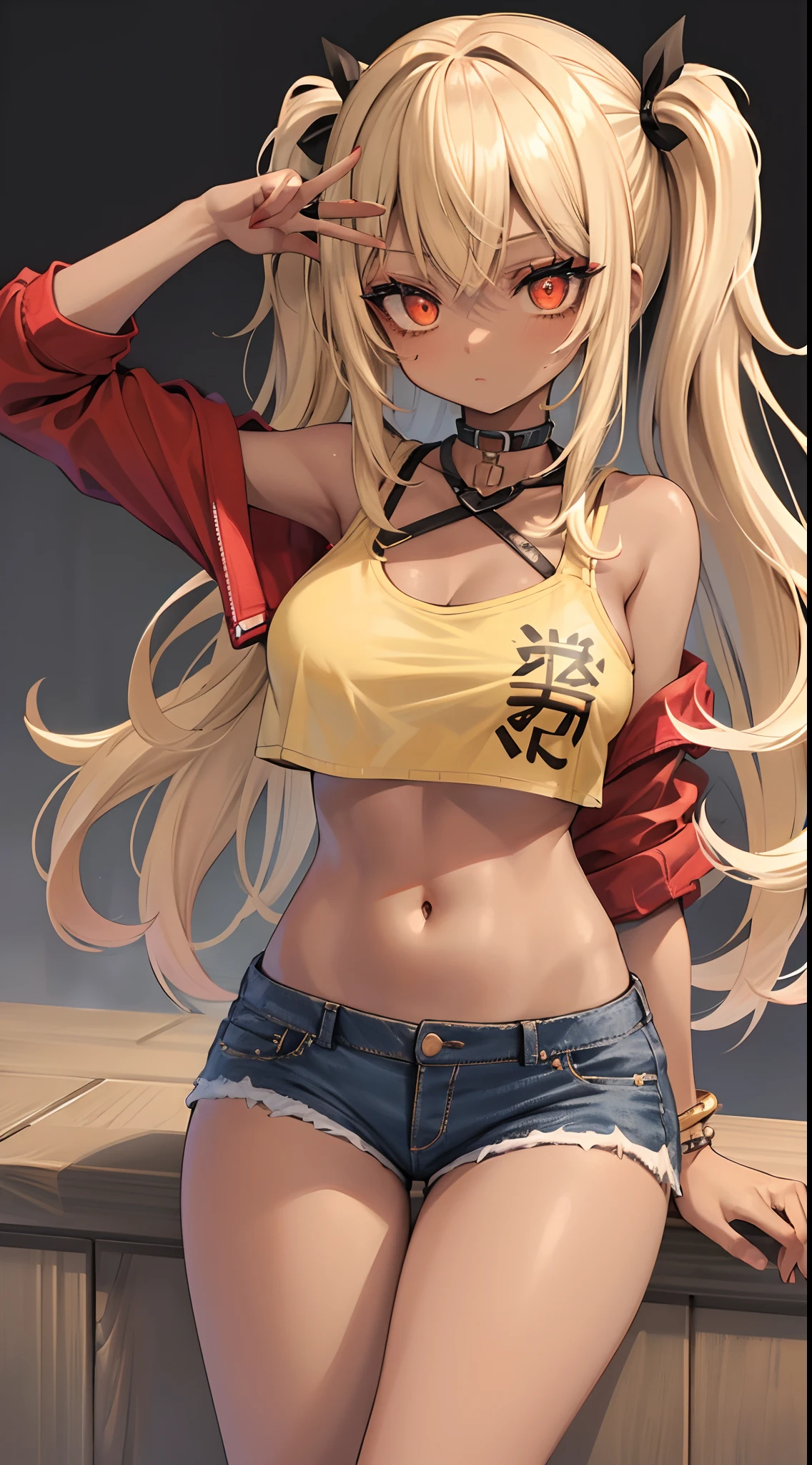 masterpiece, best_quality, 1girl, dark-skinned_female, blonde_eyes, red_eyes, large_breasts, gyaru, makeup, shorts, denim_shorts, crop_top, navel, midriff, toned, (abs:0.8),