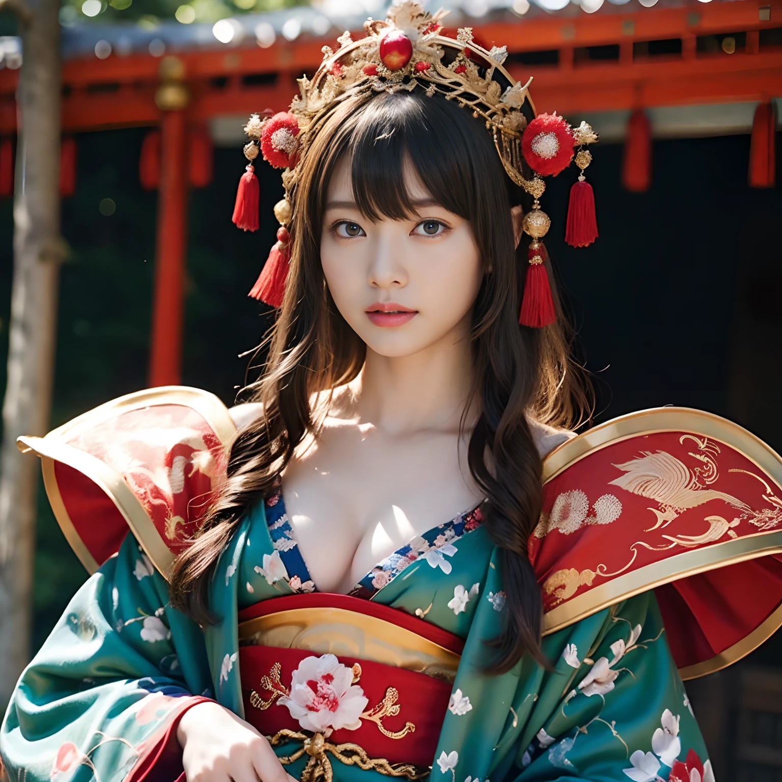 (Fight fiercely with dragons)、top-quality、​masterpiece、超A high resolution、（Wearing a colorful Japan kimono）、Kimono with beautiful pattern、(Wearing a beautiful crown made of jewels),(Photorealsitic:1.4)、Raw photo、女の子1人、Japan big castle background、glowy skin、(((Chinese Dragon)))、（Gorgeous Jewelry Necklaces）、（Mystical expression）、（Fight big dragons）、Kimono with beautiful pattern of Japan、（Metal bodysuit）、(beautiful forest background)、Precipitous cliffs、(Small LED)、((super realistic details))、portlate、globalillumination、Shadow、octan render、（There is also a shrine in the background）、8K、ultrasharp、Colossal tits、Raw skin is exposed in cleavage、metals、Details of complex ornaments、Japan details、highly intricate detail、Realistic light、CGSoation Trends、Blue eyes、radiant eyes、Facing the camera、neon details)、Gundam、Small LED、,Mechanical thighs、Toostock、（Full Body Angle）、（veils）、
