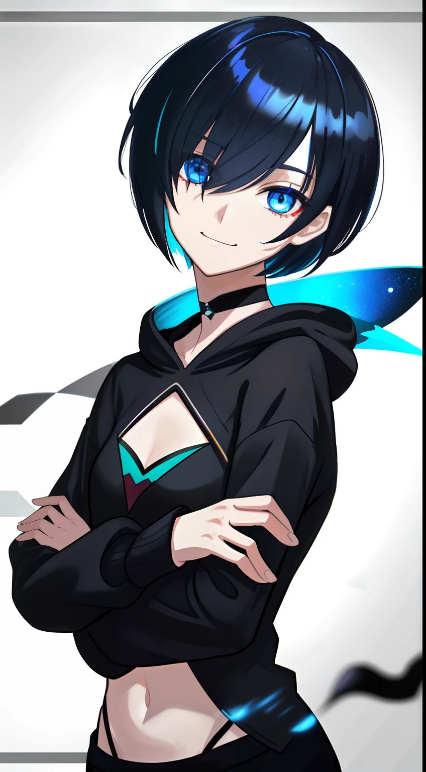 Colorful, masutepiece, High quality, sharp, autofocus, Looking at Viewer, 1girl in, Cool, Handsome, Blue eyes, Evil smile, Blue and black mesh hair, short-cut, a pixie cut, hair over eyes, hair between eye, Black shirt, White hoodie, Upper body, Simple white background, Cinematic, Particle Light, Best Shadow, Ray Tracking, Extremely detailed、neuter, Chest flat, masterpiece
