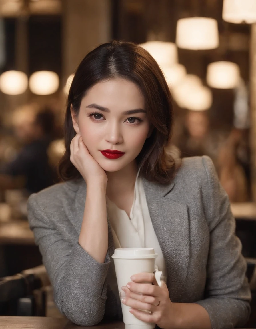 2010s fashion, Medium close-up, Canon EF 85mm f/1.2L II USM, Japan、Woman sitting drinking coffee in restaurant，（Put your hands under the table）， With a black jacket and red lips, The expression is serious, Street Fashion