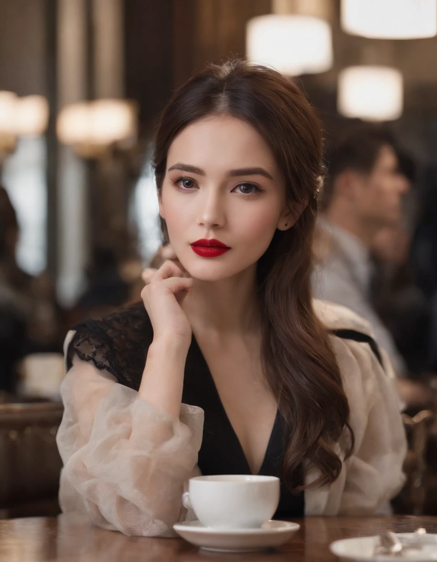 2010s fashion, Medium close-up, Canon EF 85mm f/1.2L II USM, Japan、Woman sitting drinking coffee in restaurant，（Put your hands under the table）， With a black jacket and red lips, The expression is serious, Street Fashion