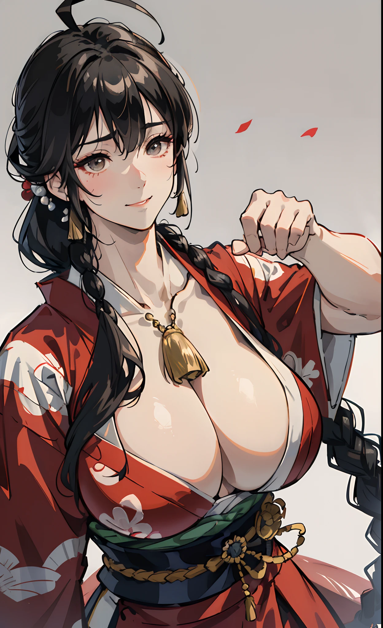 (8K、top-quality、​masterpiece)、Taisho Era、japanese kimono、Beautiful adult woman、Graceful,((Super huge　Colossal　Colossal　massive chest)),Pensive、boredom、Sentimental、suffocating、Enlightened smile、long-haired with black hair、Ahoge、braid ponytail、musculature、Muscular beauty、Muscle Beauty、