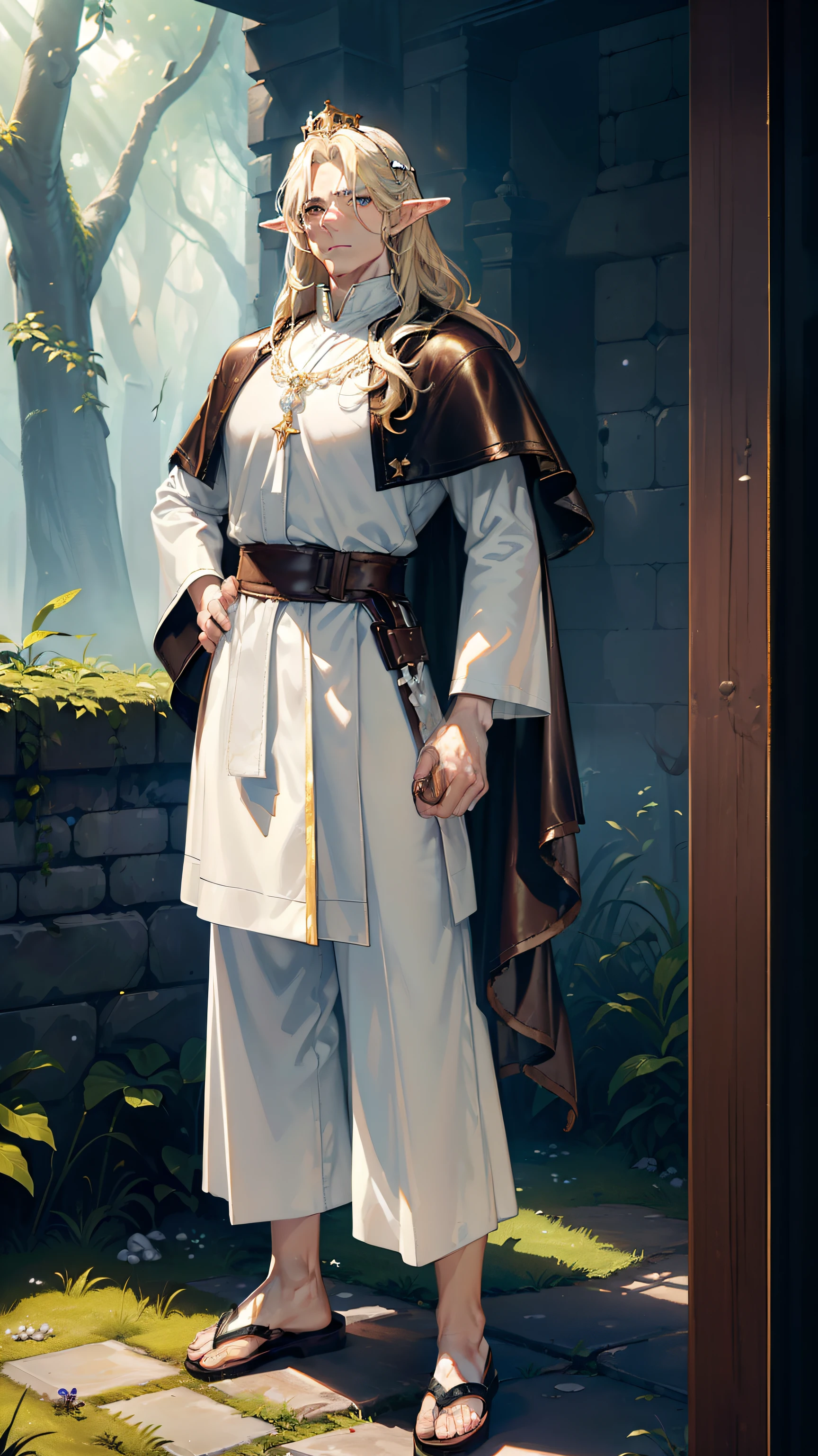 (((((male))))), masterpiece, ultra detailed, 8K Portrait, Raw photo, man's portrait photography, full body, Highly detailed face, ((Fantasy)), handsome middle age man, (((expressionless))), elf man, 1 man, (((king))), standing with hands on hips, ((crown)), (((blond long hair))), (((albino))), (((skin as white as pearl))), (((Gorgeous white long Cassock)), ((wide pants)), (((Leather Sole Sandals))), Midday Sun, Hyper realistic, (((Strong body))), Long legs, In the deep forest castle, Ambient lighting, Shadow details , Camera focus on face, strong breeze, Light fog