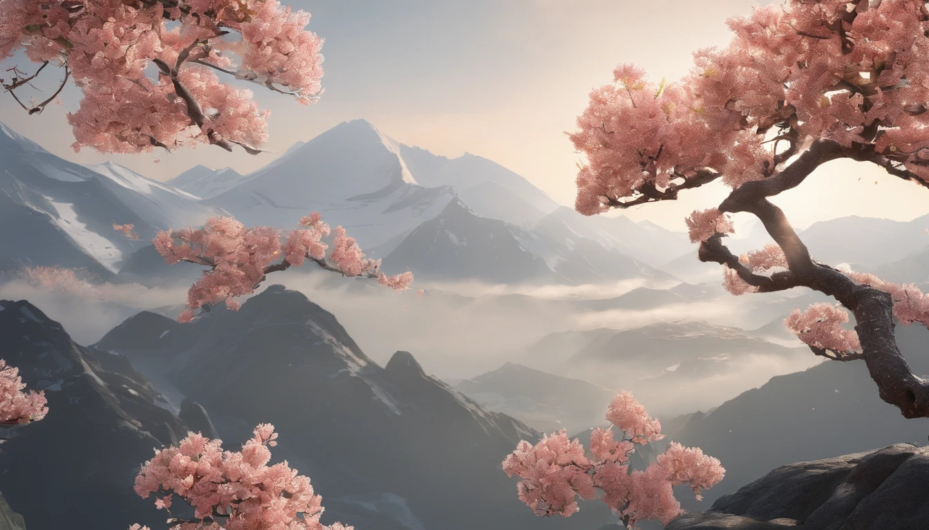 Laurel branches,Shot at a 15-degree elevation angle for medium and close ranges,petals,Osmanthus flowers flying,Top daylight,Refreshing style,Snowy mountains in the distance,Ultra-clear image quality