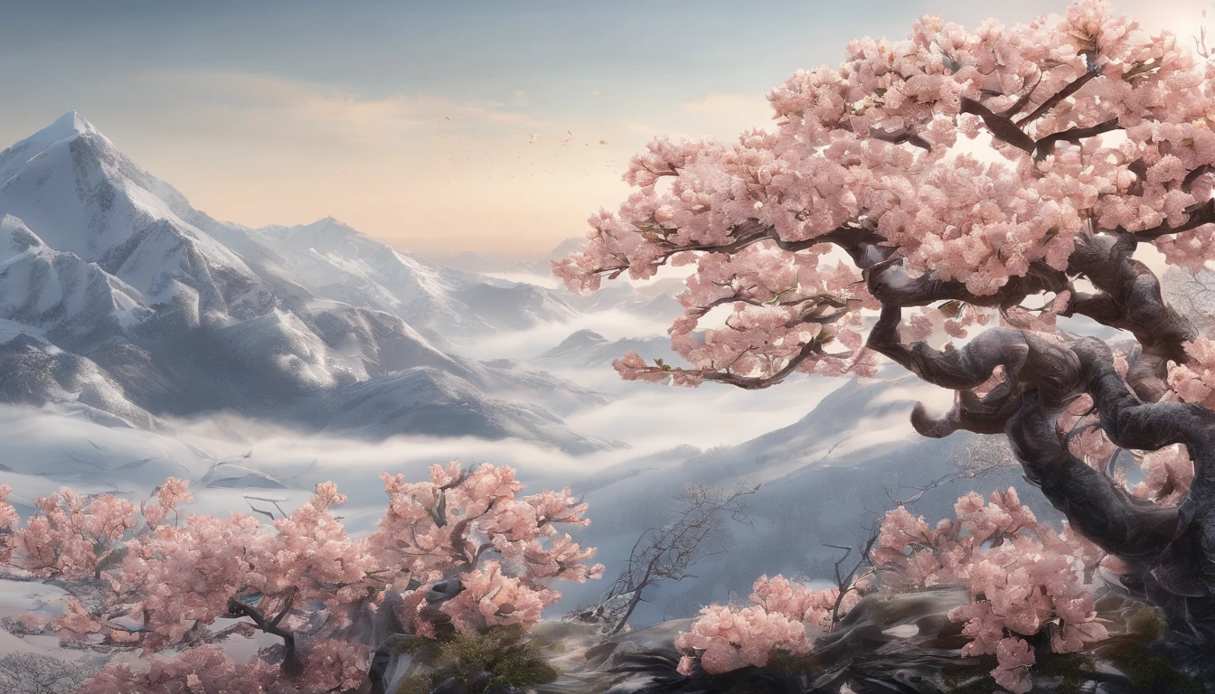 Laurel branches,Shot at a 15-degree elevation angle for medium and close ranges,petals,Osmanthus flowers flying,Top daylight,Refreshing style,Snowy mountains in the distance,Ultra-clear image quality