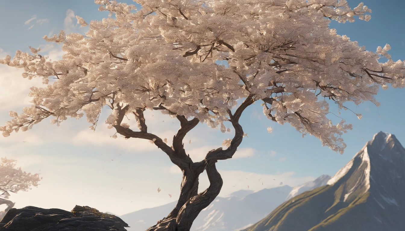 Laurel branches，Shot at a 15-degree elevation angle for medium and close ranges，petals，Osmanthus flowers flying，Top daylight，Refreshing style，Snowy mountains in the distance，Ultra-clear image quality