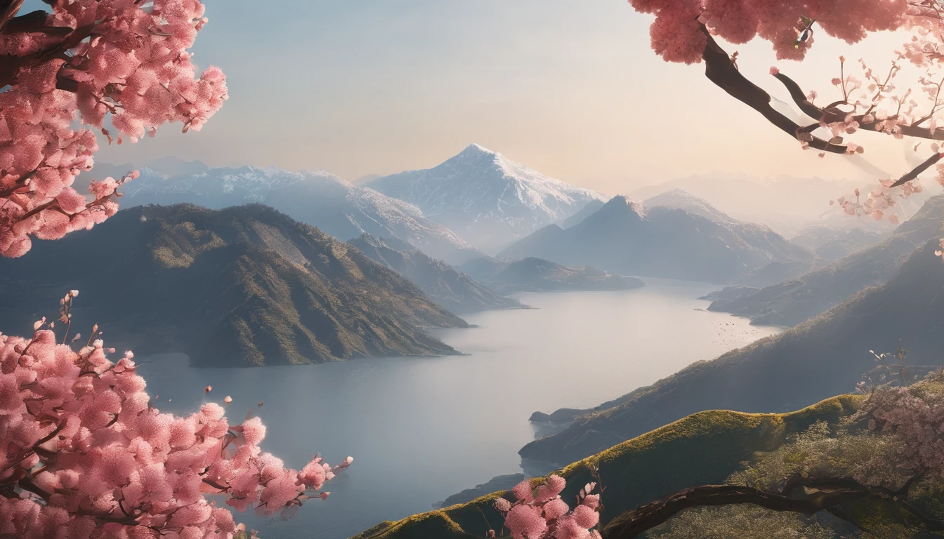 Laurel branches，Shot at a 15-degree elevation angle for medium and close ranges，petals，Osmanthus flowers flying，Top daylight，Refreshing style，Snowy mountains in the distance，Ultra-clear image quality
