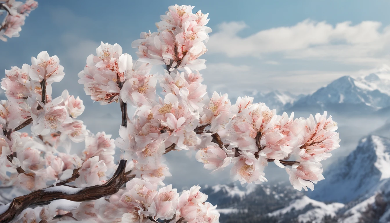 Laurel branches，Shot at a 15-degree elevation angle for medium and close ranges，petals，Osmanthus flowers flying，Top daylight，Refreshing style，Snowy mountains in the distance，Ultra-clear image quality