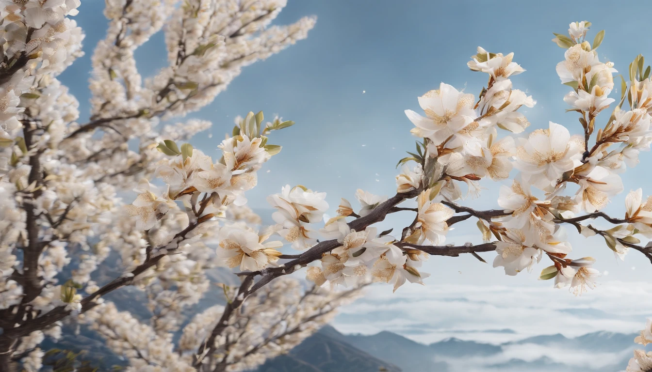 Laurel branches,Shot at a 15-degree elevation angle for medium and close ranges,petals,Osmanthus flowers flying,Top daylight,Refreshing style,Snowy mountains in the distance,Ultra-clear image quality