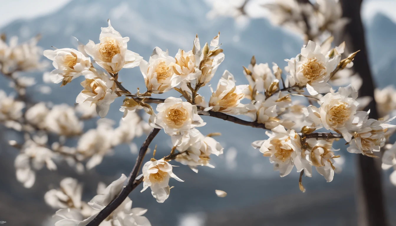 Laurel branches，Shot at a 15-degree elevation angle for medium and close ranges，petals，Osmanthus flowers flying，Top daylight，Refreshing style，Snowy mountains in the distance，Ultra-clear image quality