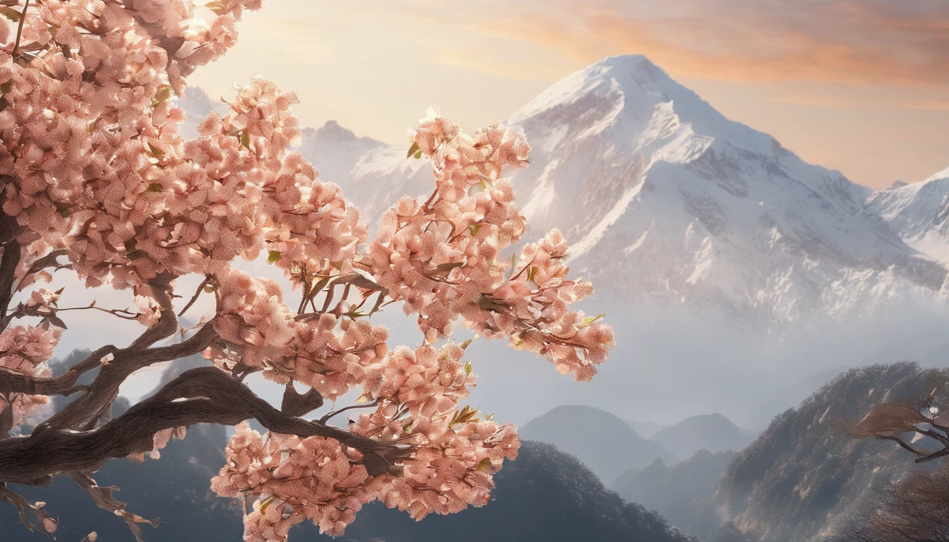Laurel branches，Shot at a 15-degree elevation angle for medium and close ranges，petals，Osmanthus flowers flying，Top daylight，Refreshing style，Snowy mountains in the distance，Ultra-clear image quality