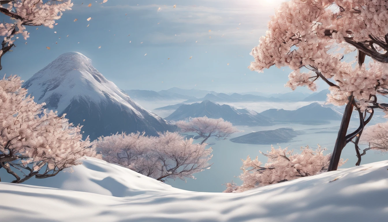 Laurel branches,Shot at a 15-degree elevation angle for medium and close ranges,petals,Osmanthus flowers flying,Top daylight,Refreshing style,Snowy mountains in the distance,Ultra-clear image quality