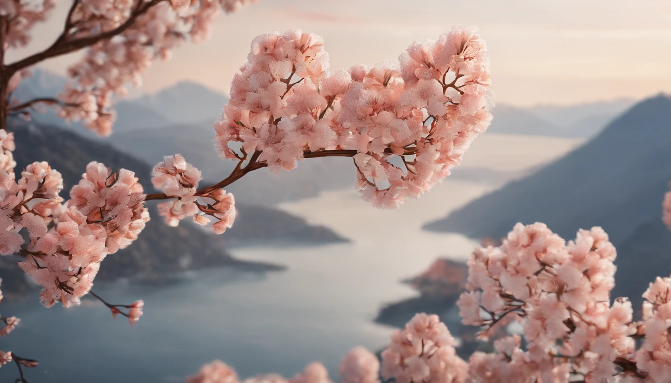 Laurel branches,Shot at a 15-degree elevation angle for medium and close ranges,petals,Osmanthus flowers flying,Top daylight,Refreshing style,Snowy mountains in the distance,Ultra-clear image quality