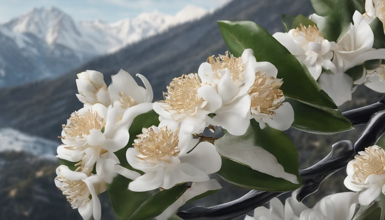 Laurel branches，Shot at a 15-degree elevation angle for medium and close ranges，petals，Osmanthus flowers flying，Top daylight，Refreshing style，Snowy mountains in the distance，Ultra-clear image quality