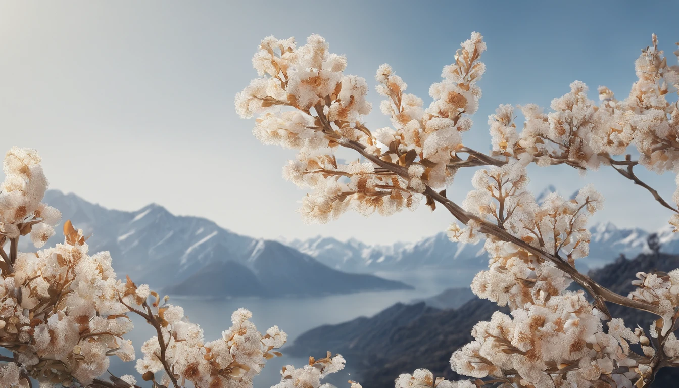 Laurel branches，Shot at a 15-degree elevation angle for medium and close ranges，petals，Osmanthus flowers flying，Top daylight，Refreshing style，Snowy mountains in the distance，Ultra-clear image quality