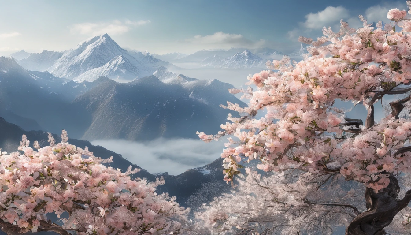 Laurel branches，Shot at a 15-degree elevation angle for medium and close ranges，petals，Osmanthus flowers flying，Top daylight，Refreshing style，Snowy mountains in the distance，Ultra-clear image quality