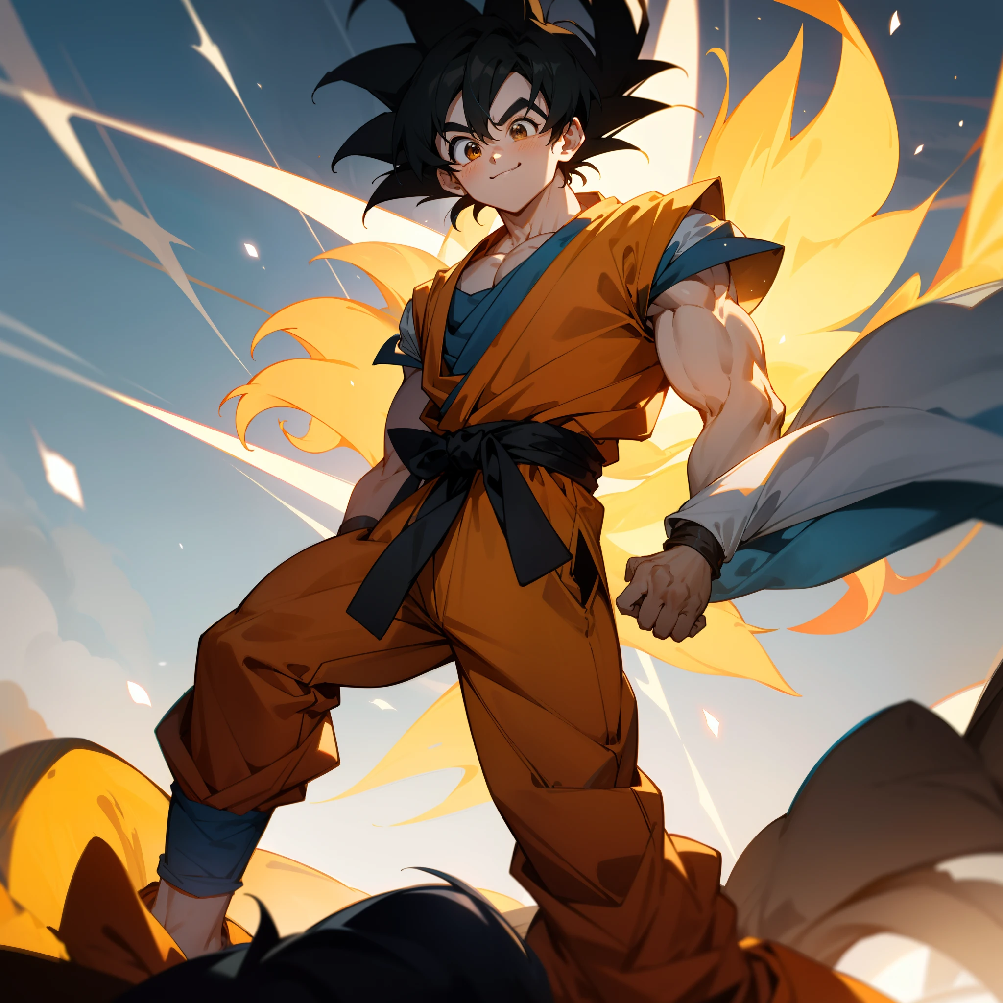 Obra maestra, La mejor calidad, 1child, (Goku), pelo corto, cabello negro, ojos negros,  botas azules, Ropa naranja, adiestramiento, En pie, sonriente, cara enojada, Poder del aura, Noche, Luz natural,En pie, ojos enojados,  sonriente, cabello negro, Enfoque masculino, strong muscles, Movie Composition, Deth de campo, Bokeh, (futuristic), (cuerpo completo),