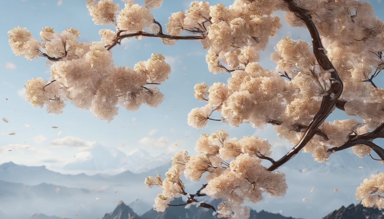 Laurel branches,Shot at a 15-degree elevation angle for medium and close ranges,petals,Osmanthus flowers flying,Top daylight,Refreshing style,Snowy mountains in the distance,Ultra-clear image quality