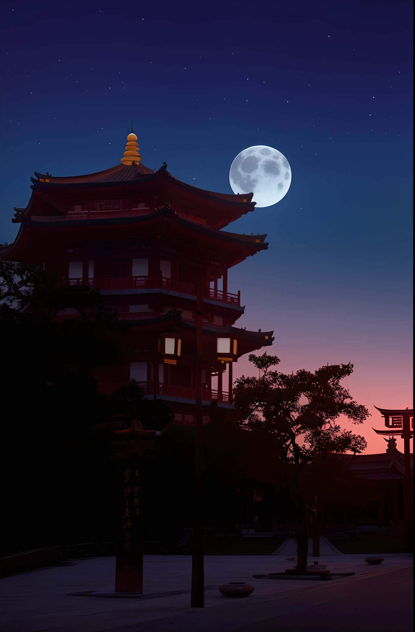 (goden_full_moon:1.8), architecture, bj_ancient_city, bridge, building, castle, cloud, east_asian_architecture, full_moon, moon, night, no_humans, outdoors, pagoda, reflection, scenery, sky, stairs chinese_tower, lake, golden colored thhem, east, delayed photography, realistic scenery, paper carving, virtual engine 5,