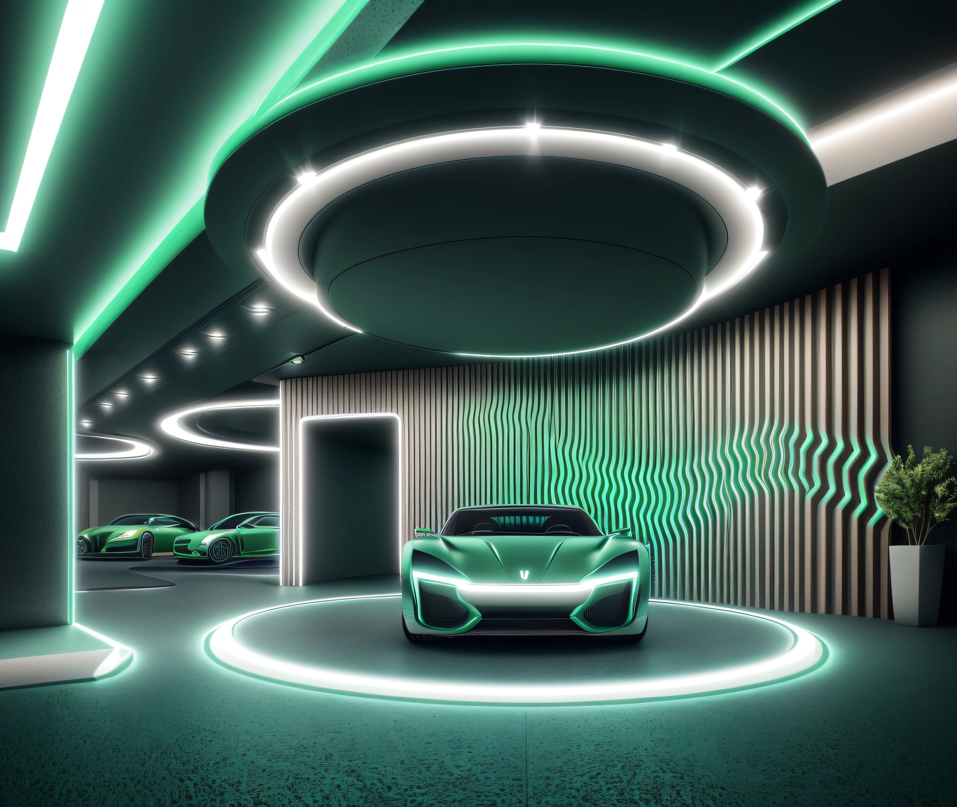 exbihition car space, 1 car, (Masterpiece,best quality,8k uhd,dslr,soft lighting,high quality,hyper detail,film grain,Fujifilm XT3, UE 5 render 8k, super high resolution, supper detail:1.2, dynamic lighting, green light, magic neon light),  glossy floor