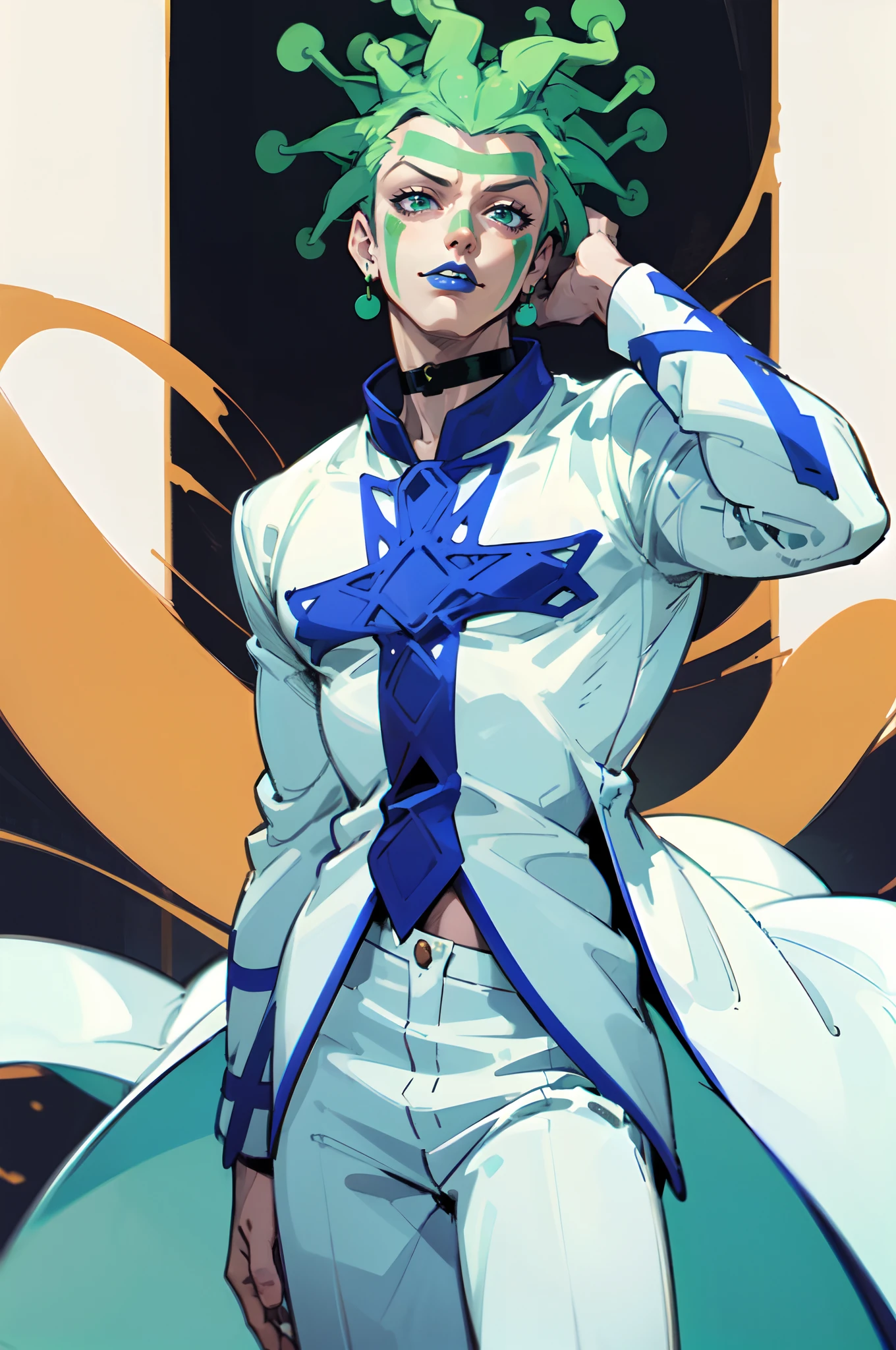 Cioccolata, white pants, white overcoat, green hair, green eyes, blue lipstick, ((green face paint)), 1boy, solo, male focus, cowboy shot, black choker