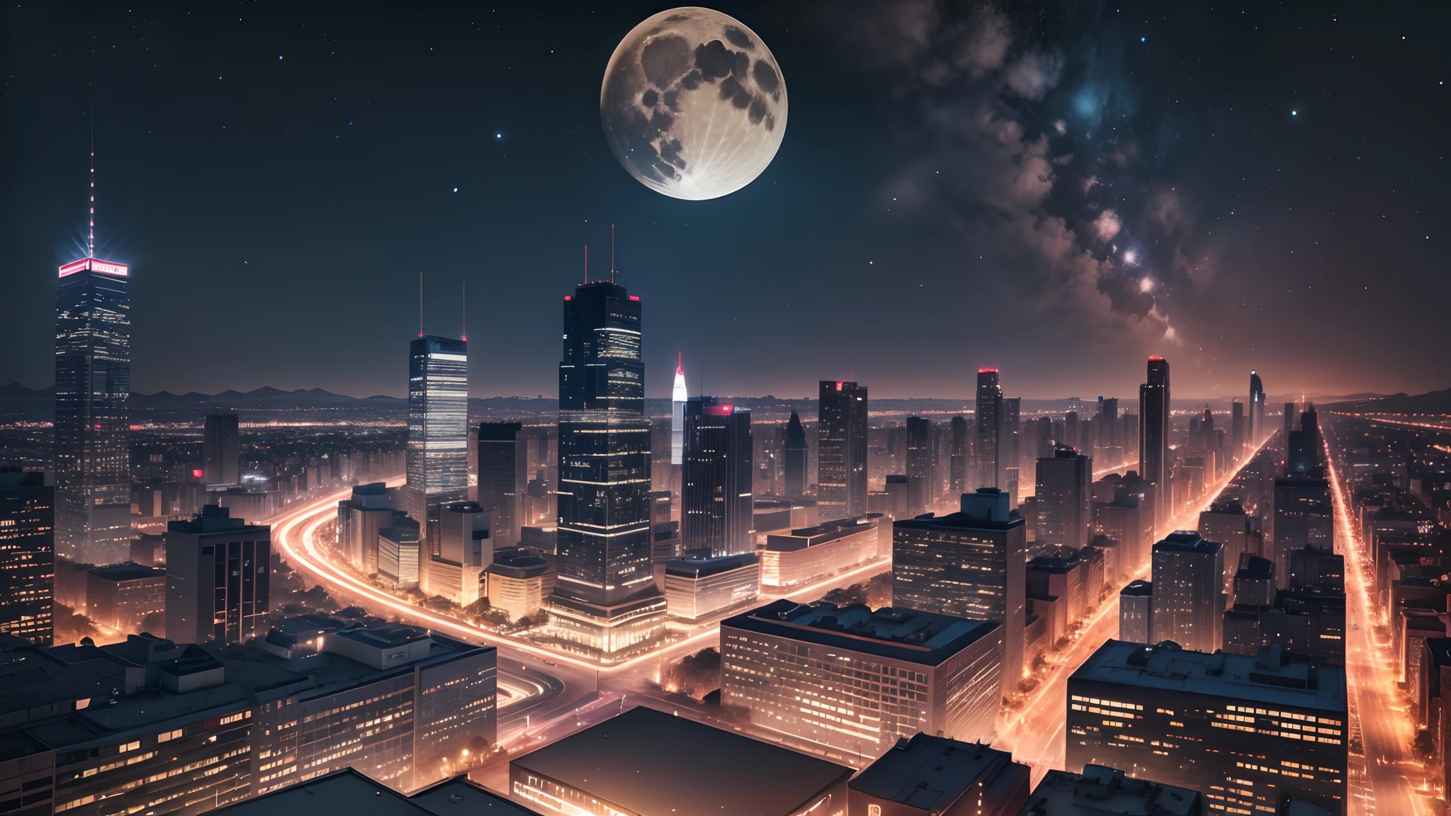 bustling city scene at night, high exposure, Aerial shots, High definition, 4k, Waning Moon, --auto --s2
