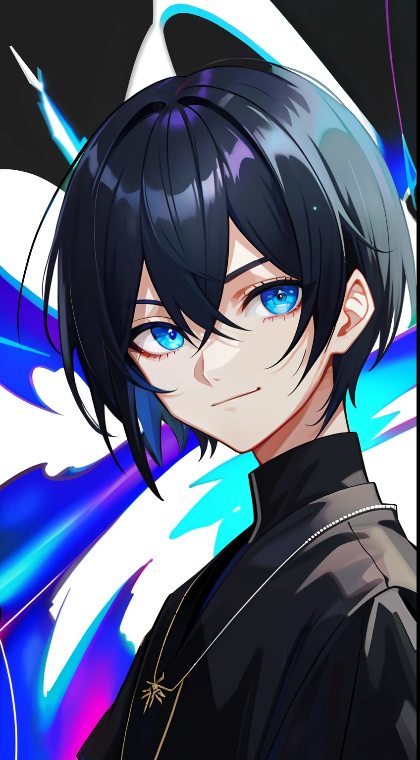 Colorful, masutepiece, High quality, sharp, autofocus, Looking at Viewer, 1boy, Cool, Handsome, Blue eyes, Evil smile, Blue and black mesh hair, short-cut, a pixie cut, hair over eyes, hair between eye, Black clothes, robe, Upper body, Simple white background, Cinematic, Particle Light,Ray Tracking, Extremely detailed、neuter、short-cut、masterpiece、female