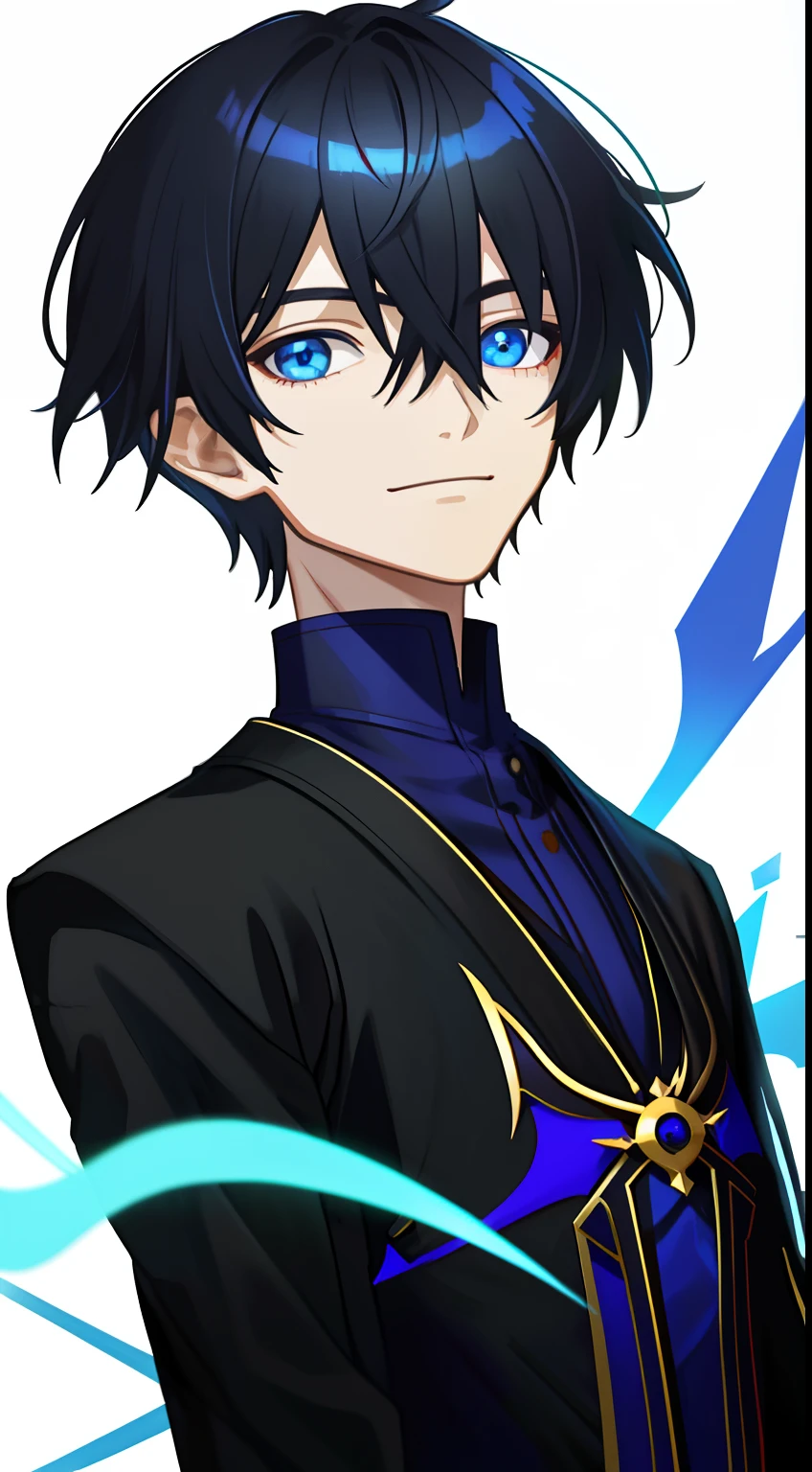 Colorful, masutepiece, High quality, sharp, autofocus, Looking at Viewer, 1boy, Cool, Handsome, Blue eyes, Evil smile, Blue and black mesh hair, short-cut, a pixie cut, hair over eyes, hair between eye, Black clothes, robe, Upper body, Simple white background, Cinematic, Particle Light,Ray Tracking, Extremely detailed、neuter、short-cut、masterpiece、female