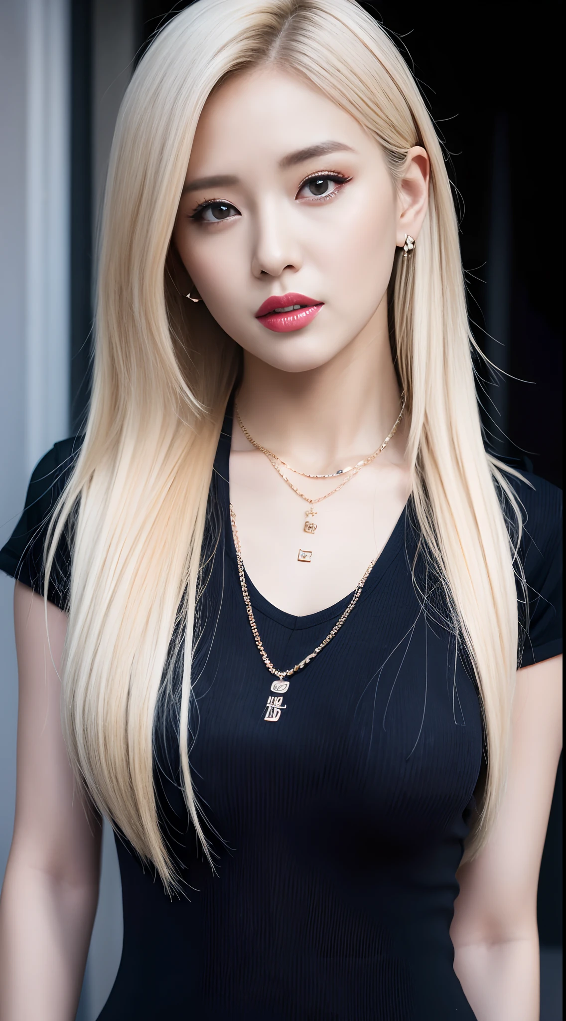 Photorealistic, High resolution, 1womanl, Solo, hips up high, view the viewer, (Detailed face), Narrow waist, Closed lips, Blonde gradient hair, Long hair, Street attire, Jewelry, a necklace、piercings、small tits、Very small bust、flat breast、HIPPHOP、rapper、Girl Crush