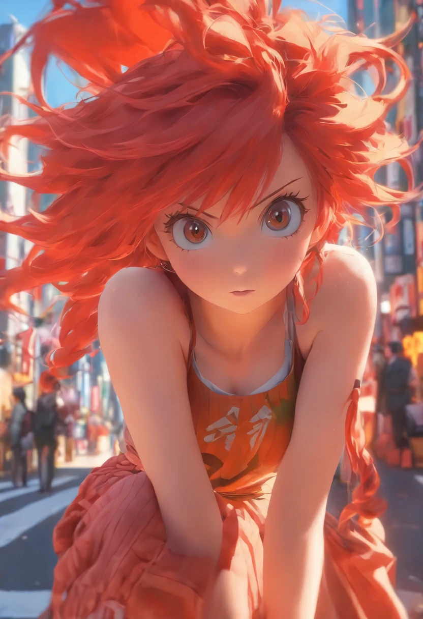 A girl with red hair,bust,the city street,In the daytime,超高分辨率,1.4x realism,UHD Ultra HD