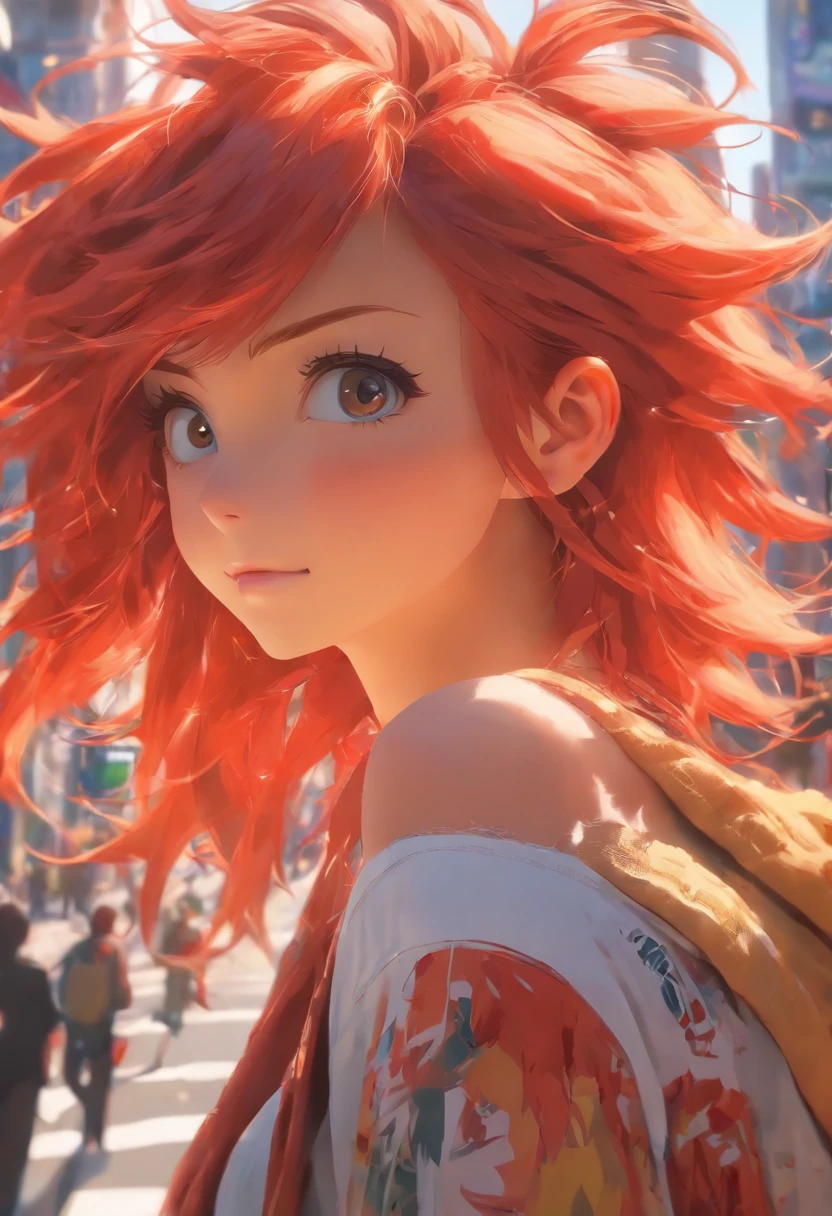 A girl with red hair，bust，the city street，In the daytime,超高分辨率，1.4x realism，UHD Ultra HD