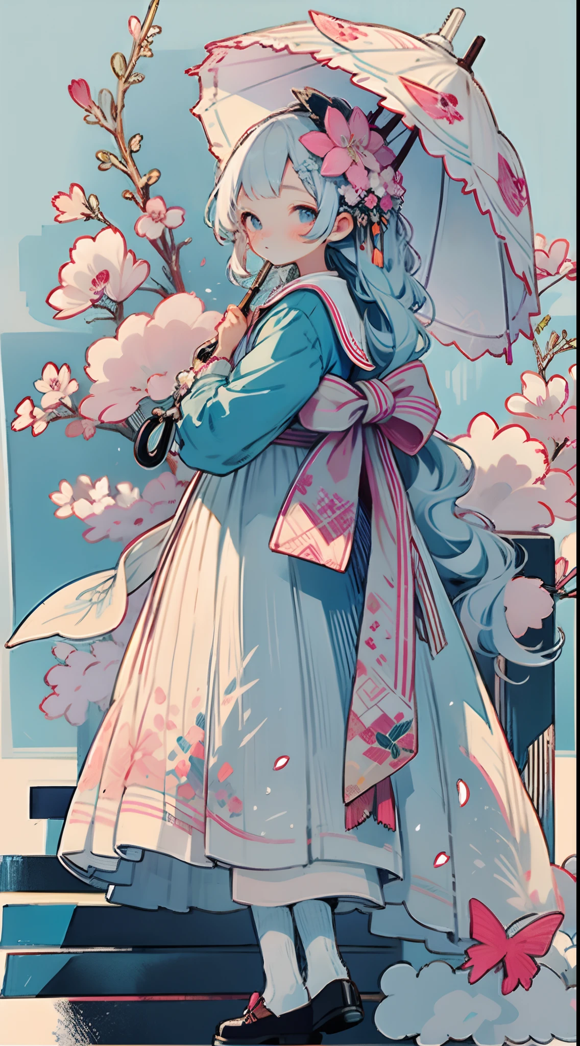 1girl, bird, umbrella, long hair, outdoors, dress, solo, blue eyes, holding, white dress, pink flower, flower, black footwear, white hair, day, holding umbrella, petals, bag, stairs, long sleeves, looking at viewer, socks, white socks, shoes, sky, bangs, looking back, cherry blossoms, sailor collar, hair flower, blue sky, standing, hair ornament, bow, tree