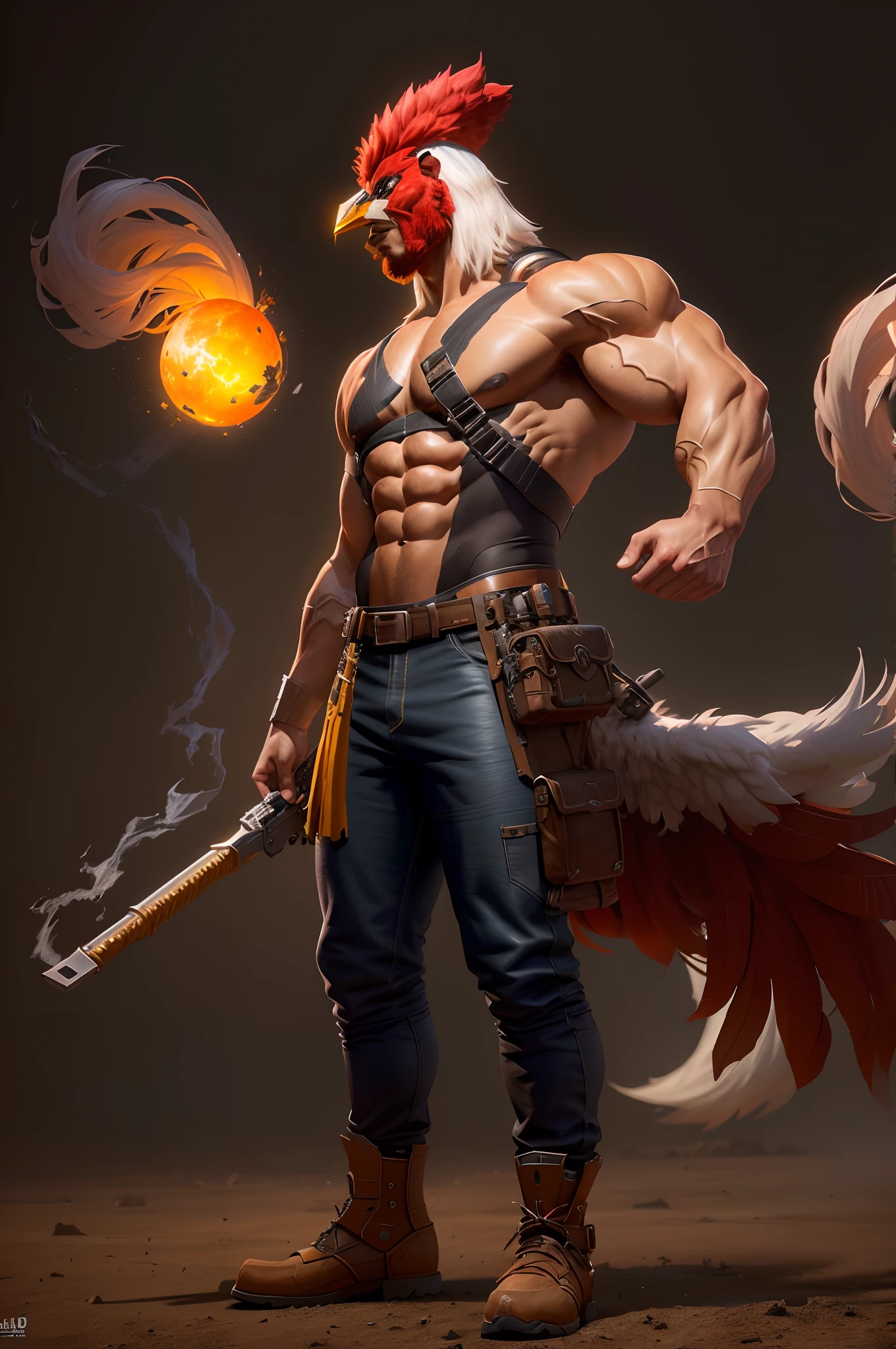 Hay gallo enojado y una metralleta en la mano, 3D render character art 8 k, Ilustraciones conceptuales de personajes en 3D, Arte de personajes 3D, Personaje del juego de lucha, Concepto de personaje de videojuego, Epic character art, amazing 8k character concept art, epic digital art illustration, Arte conceptual del personaje del juego, muscular male hero con un traje y alas, Arte de personaje del juego, Concepto de personaje realista