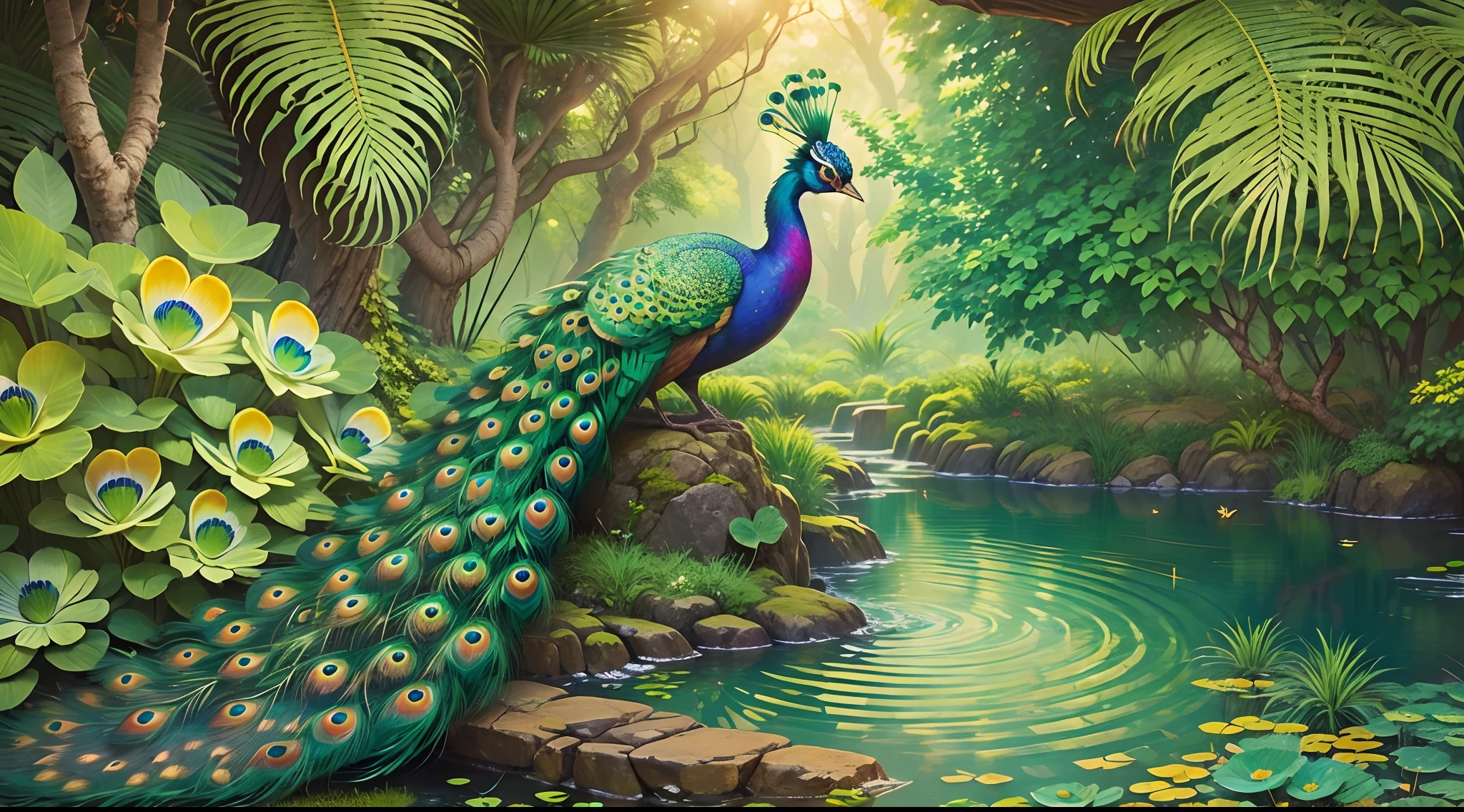 Picturesque garden，There are vibrant peacocks. (Best quality,4K,8K,A high resolution,Masterpiece:1.2),Ultra-detailed,Realistic,Photorealistic:1.37, Paper Cuttings style：Lush greenery, The colorful flowers are dazzling, Sparkling sunlight shines through the trees, The majestic beauty of peacock rainbow-colored feathers, The elegant peacock tail feathers fanned out gracefully, Intricate patterns and delicate details on the peacock, A tranquil pond，Reflecting the reflection of a peacock, The gentle breeze rustles the leaves, Vivid and saturated colors, Dreamy and ethereal atmosphere, soft and warm lighting, Tranquility and charm.