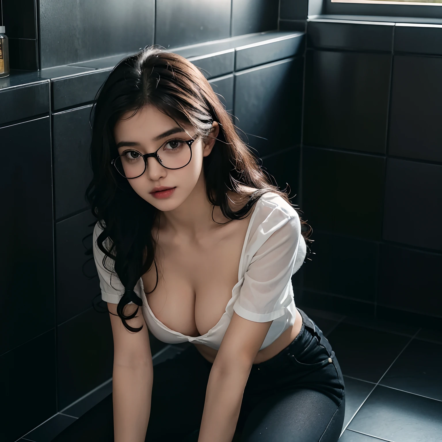 beautiful 19 year old girl, cotton transparent shirt and black jeans, no bra, nsfw, cleavage, gorgeous face, full body snap, ((long black curly hair and specs)), seductive, cute, bathroom scene, girl pussy fucking in bathtub with water, girl must be sitting in bathtub, 4k, hdr, detailed_image,