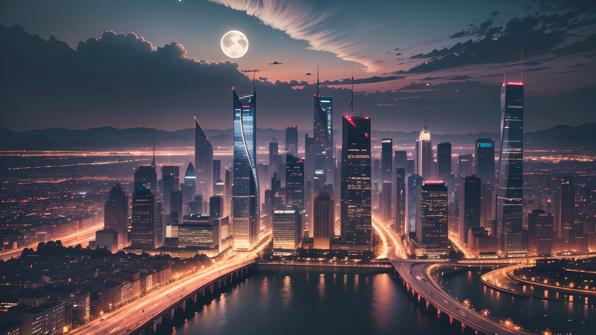 bustling city scene at night, high exposure, Aerial shots, High definition, 4k, Waning Moon, --auto --s2