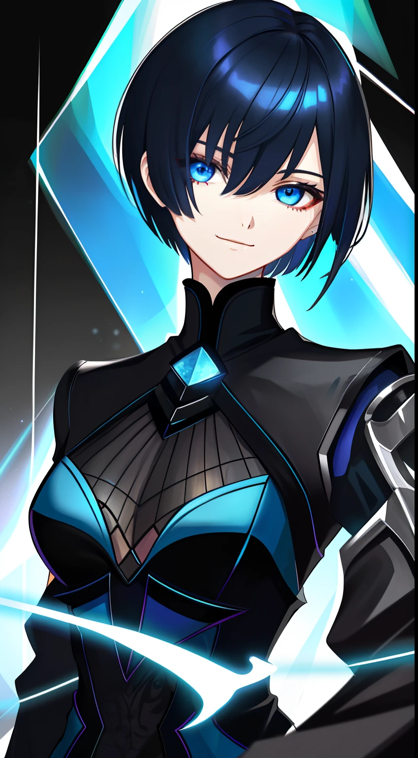 Colorful, masutepiece, High quality, sharp, autofocus, Looking at Viewer, 1girl in, Cool, Handsome, Blue eyes, Evil smile, Blue and black mesh hair, short-cut, a pixie cut, hair over eyes, hair between eye, Black clothes, robe, Upper body, Simple white background, Cinematic, Particle Light,Ray Tracking, Extremely detailed、neuter、short-cut、​masterpiece、Leaning towards men
