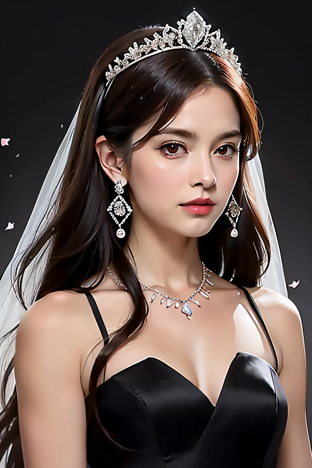 masterpiece, best quality, realistic, 1woman, mature, aged up, long brown hair, broad shoulders, small head, portrait, closed mouth, night, dark thema, the best light and shadow, wedding dress, Bouquet, Tiara, diamond necklace and earrings, flowers, black background