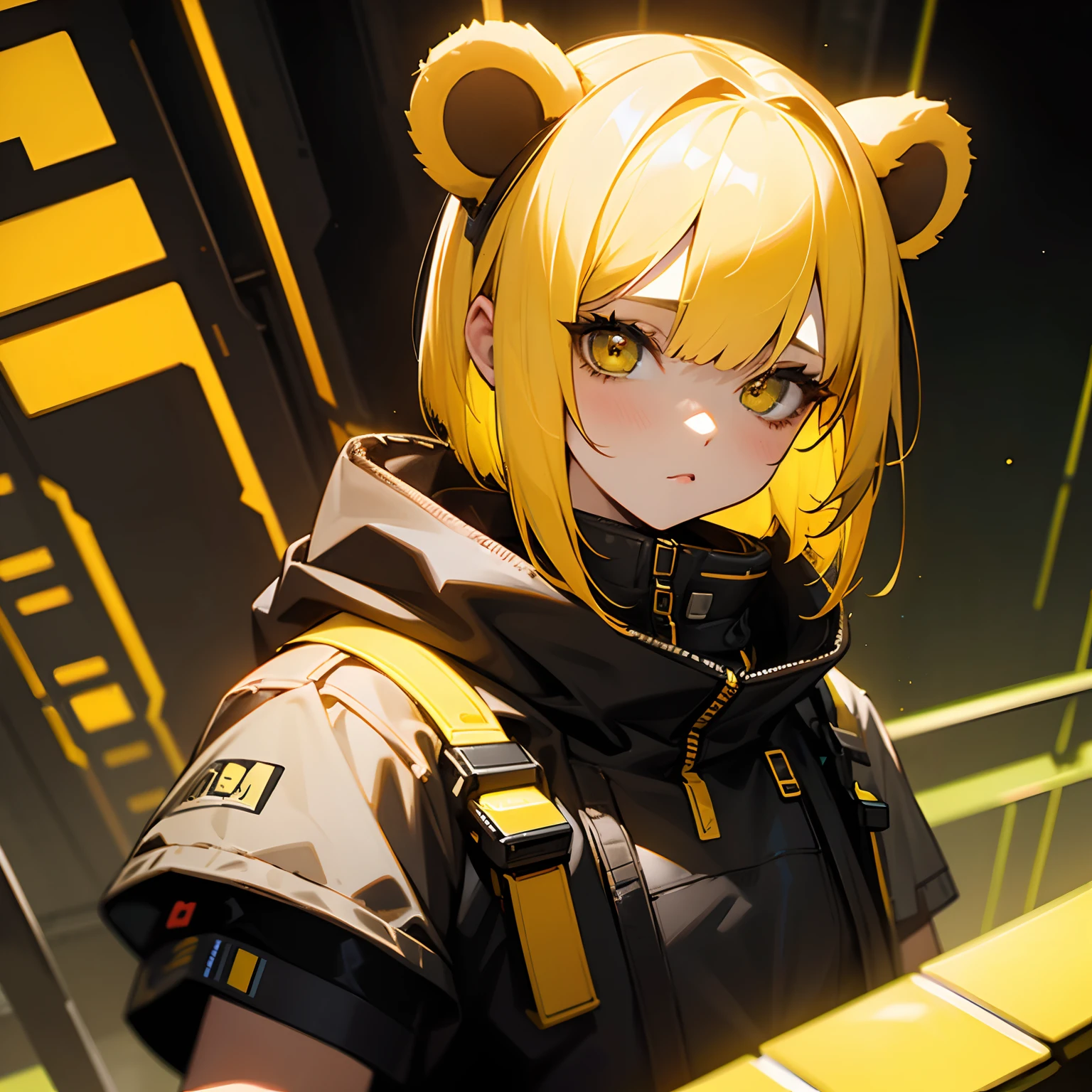 girl with,Yellow hair,Bear ears,a short bob,cyberpunked,Feeling young