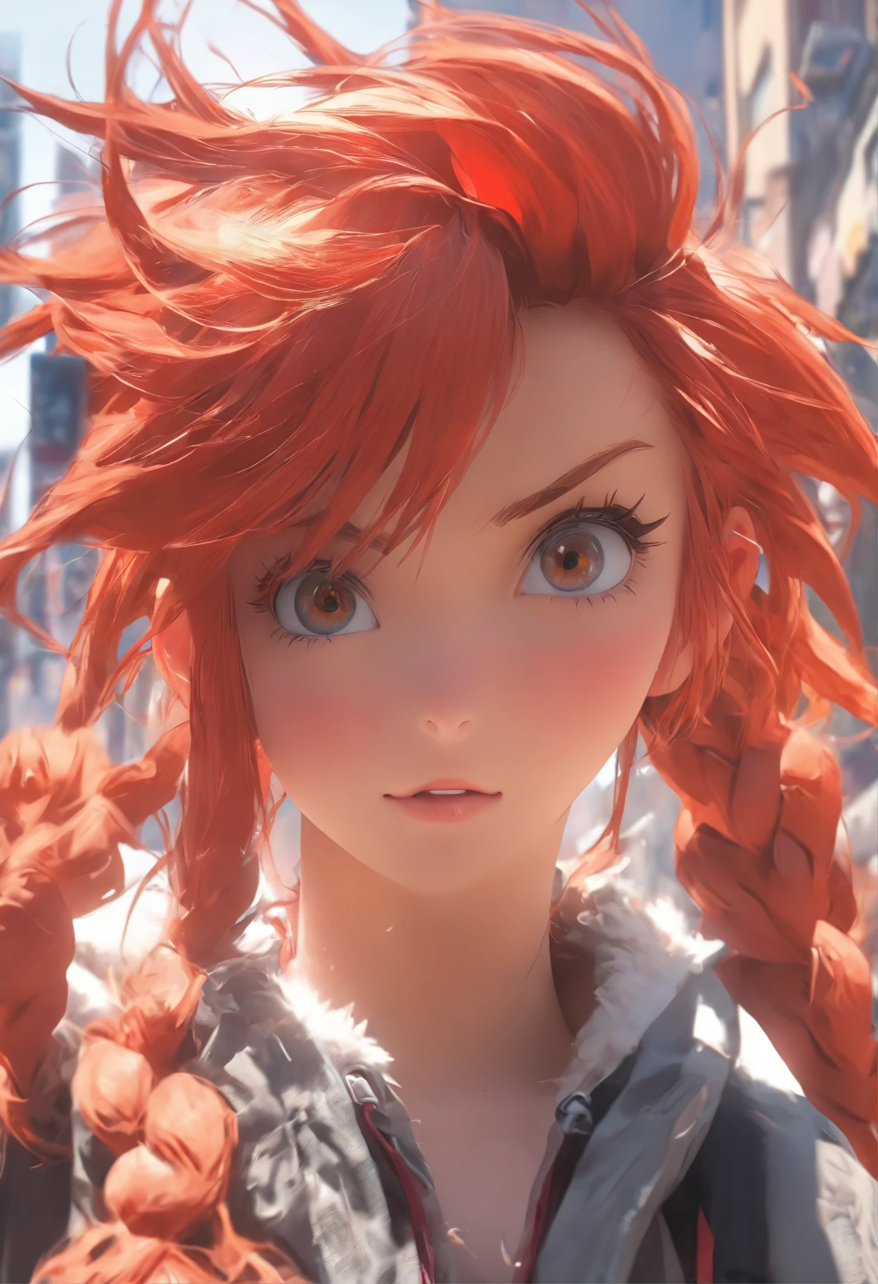 A girl with red hair,bust,the city street,In the daytime,超高分辨率,1.4x realism,UHD Ultra HD