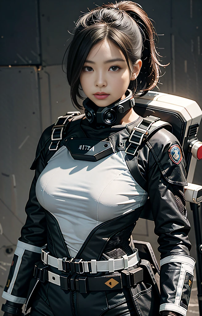 Highest image quality, outstanding details, ultra-high resolution, (realism: 1.4), ((close up:0.75)), highly condensed 1 lady, with beautiful and a delicate face, perfect proportion, aiming the viewer, ((aiming the viewer)), (chubby:0.3, small breasts), (cloths color base ratio black:0.4 white:0.5 other-color:0.1), (wearing rash-guard likes police uniform, black and gray mecha, wearing high-tech heavy full face-mask, military harness, holding hich-tech-flamethrower -tank on back), captain, background simple grey wall,